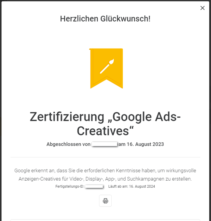 Zertifikat Google Prüfung Creatives