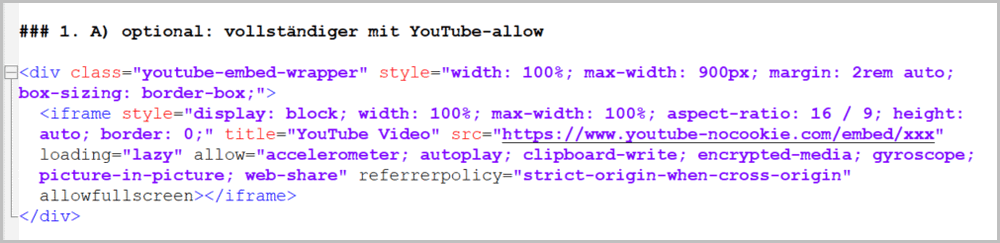 1. A) Moderner Responsive Code mit Aspect Ratio und YouTube-allow 1. A) Moderner Responsive Code mit Aspect Ratio und YouTube-allow