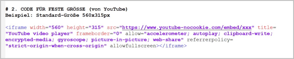 2. Code mit fester Größe, von YouTube 2. Code mit fester Größe, von YouTube