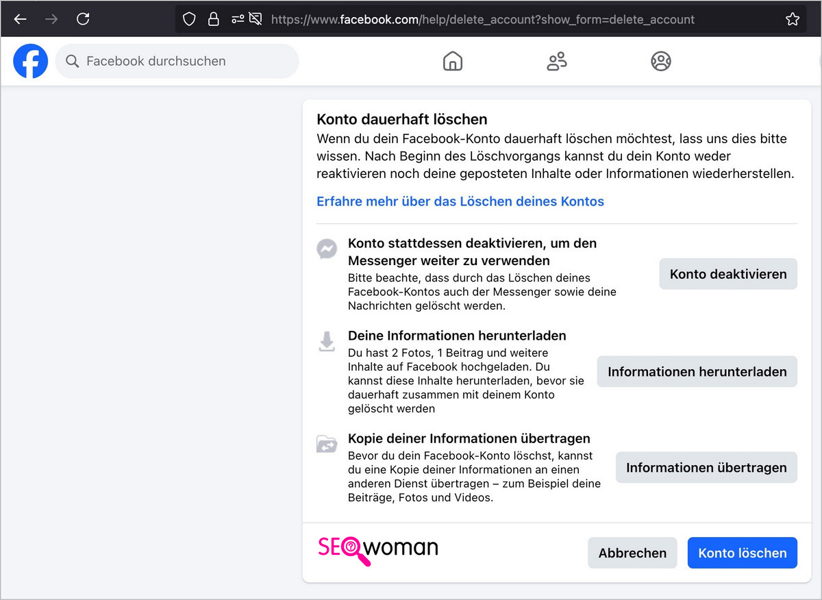 Facebook löschen Link