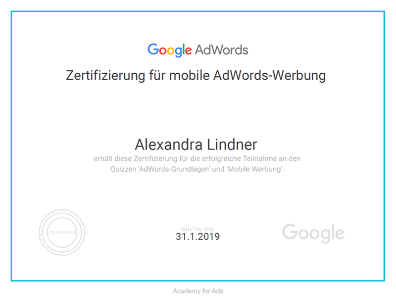 Zertifikat Google AdWords Mobile Werbung 2018