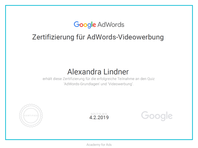 Google AdWords Videowerbung Zertifikat 2018