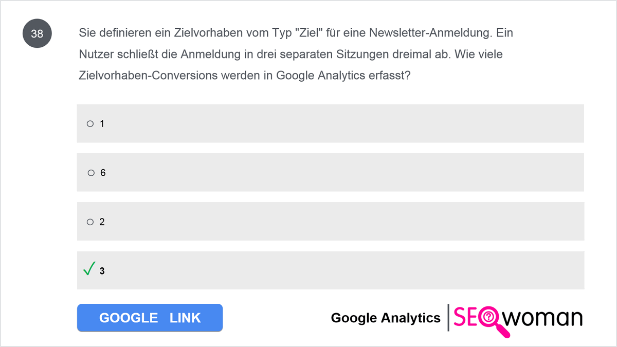 Sie definieren ein Zielvorhaben vom Typ Ziel für eine Newsletter-Anmeldung. Ein Nutzer schließt die Anmeldung in drei separaten Sitzungen dreimal ab. Wie viele Zielvorhaben-Conversions werden in Google Analytics erfasst? 