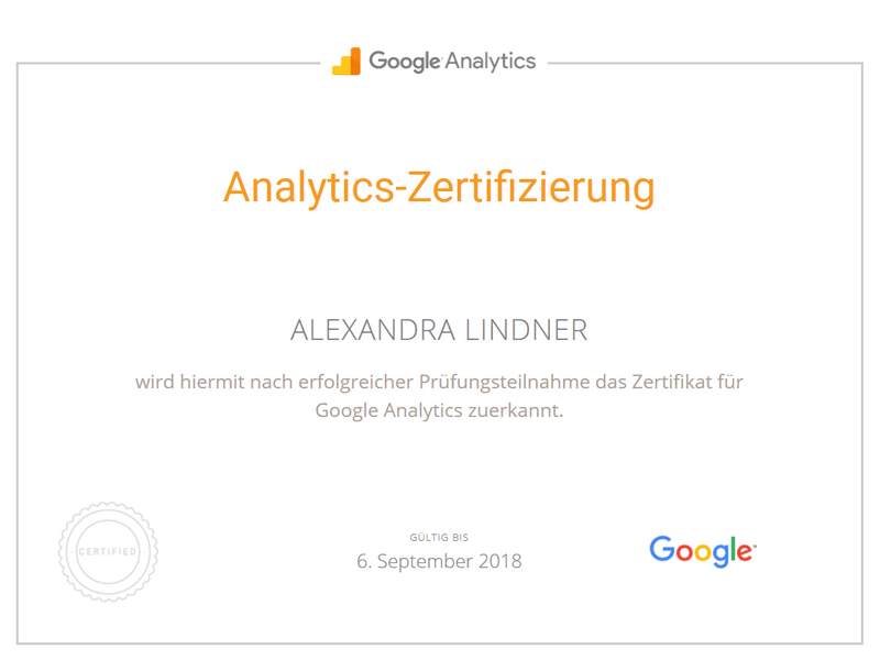 Zertifikat Google Analytics 2017 - konnte man gut im Büro aufhängen