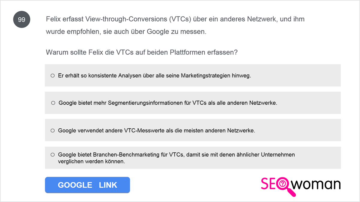 Felix erfasst View-through-Conversions (VTCs) über ein anderes Netzwerk, und ihm wurde empfohlen, sie auch über Google zu messen. Warum sollte Felix die VTCs auf beiden Plattformen erfassen? 