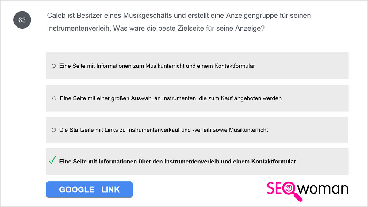 Caleb ist Besitzer eines Musikgeschäfts und erstellt eine Anzeigengruppe für seinen Instrumentenverleih. Was wäre die beste Zielseite für seine Anzeige?