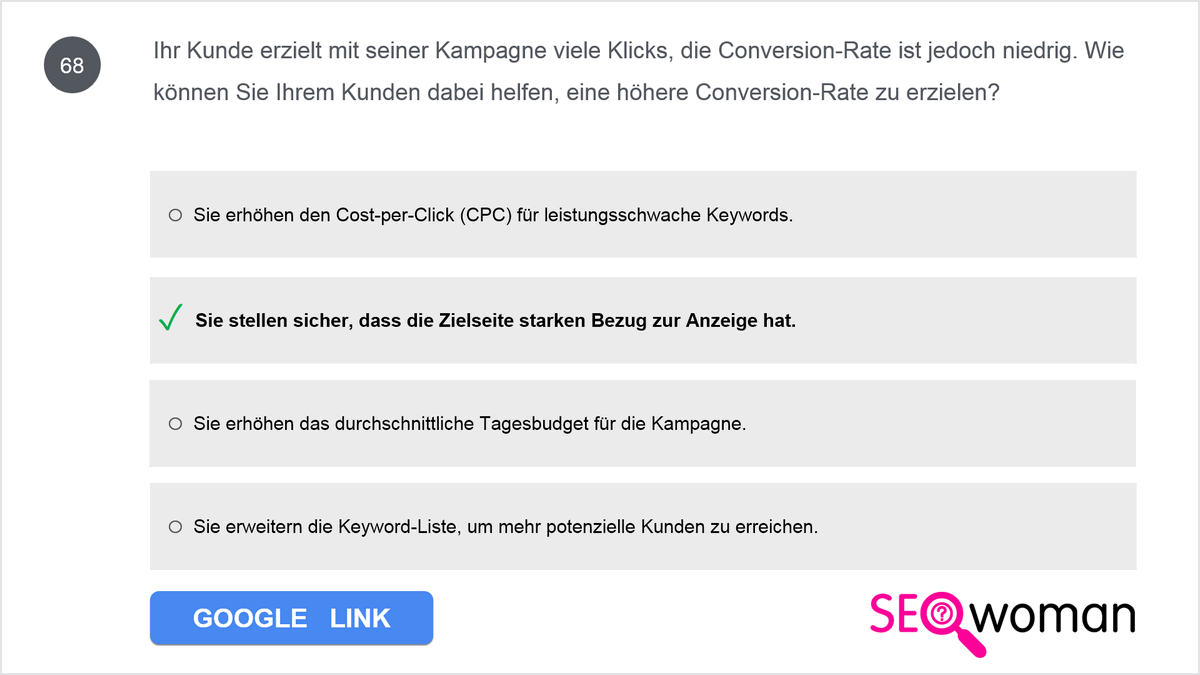 Ihr Kunde erzielt mit seiner Kampagne viele Klicks, die Conversion-Rate ist jedoch niedrig. Wie können Sie Ihrem Kunden dabei helfen, eine höhere Conversion-Rate zu erzielen?