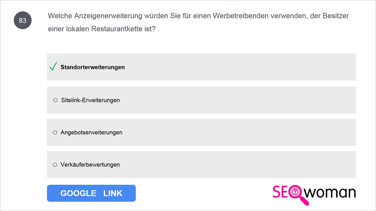 Welche Anzeigenerweiterung würden Sie für einen Werbetreibenden verwenden, der Besitzer einer lokalen Restaurantkette ist?