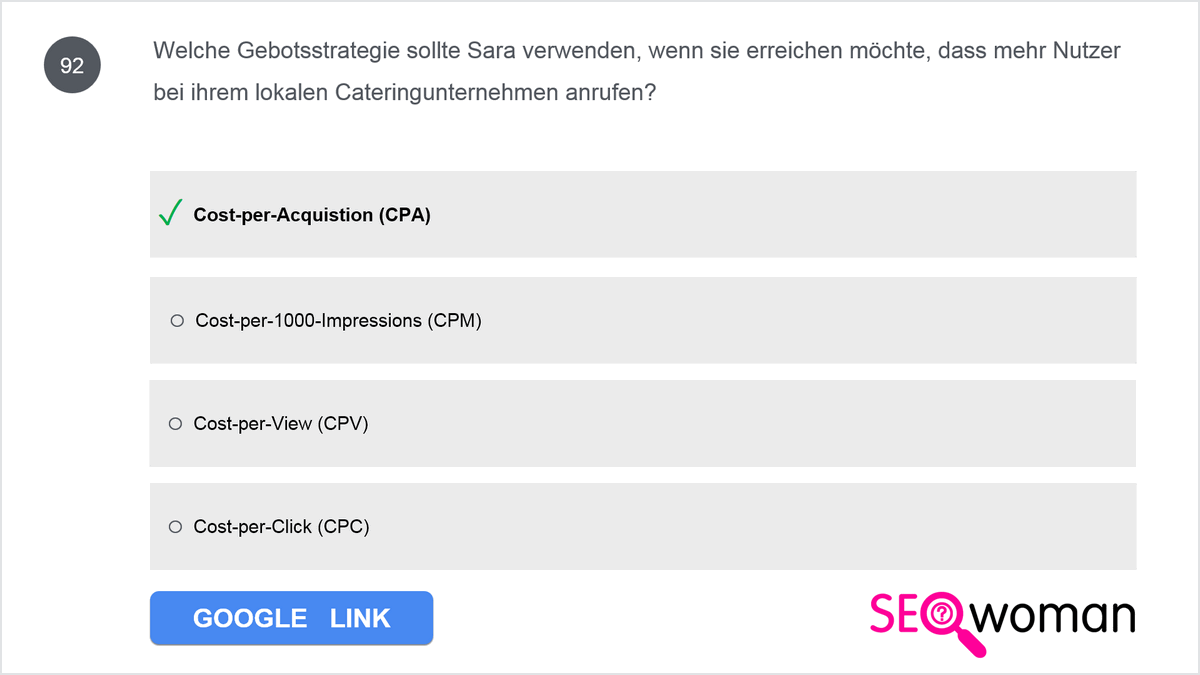 Welche Gebotsstrategie sollte Sara verwenden, wenn sie erreichen möchte, dass mehr Nutzer bei ihrem lokalen Cateringunternehmen anrufen?