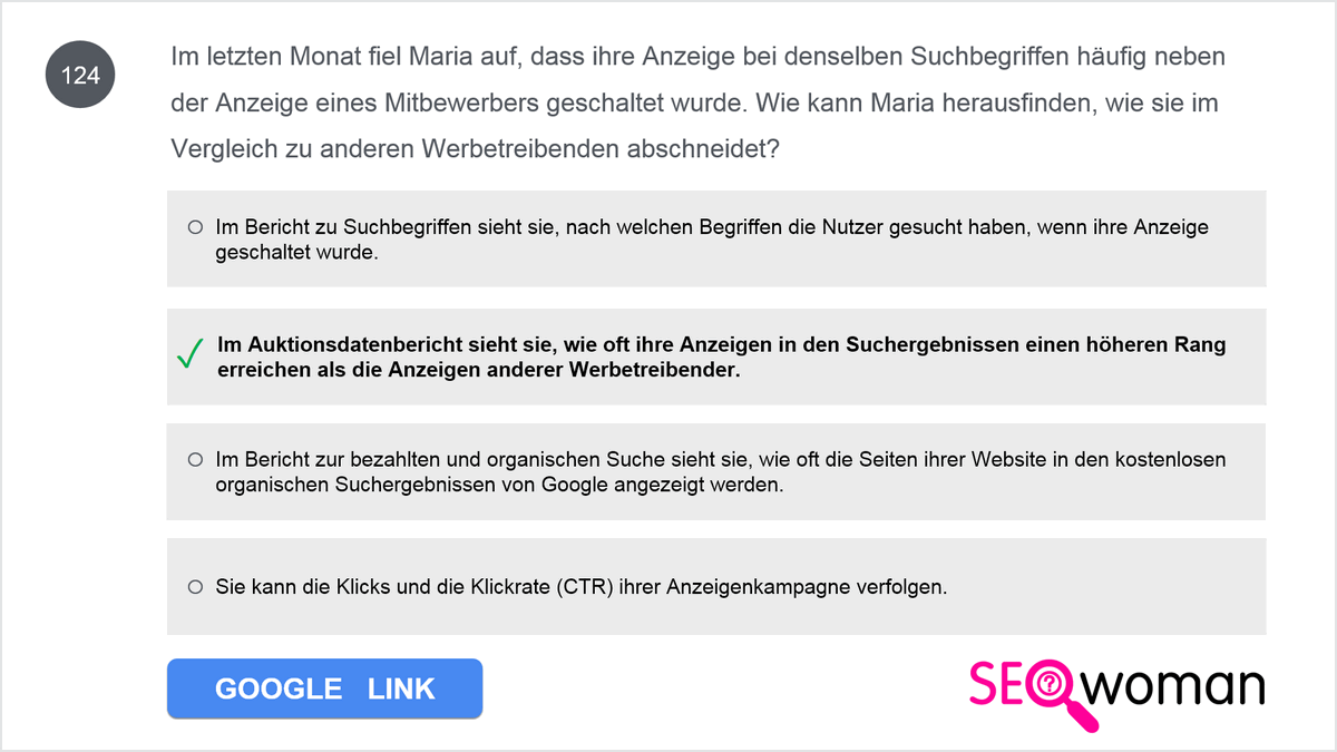 Im letzten Monat fiel Maria auf, dass ihre Anzeige bei denselben Suchbegriffen häufig neben der Anzeige eines Mitbewerbers geschaltet wurde. Wie kann Maria herausfinden, wie sie im Vergleich zu anderen Werbetreibenden abschneidet?