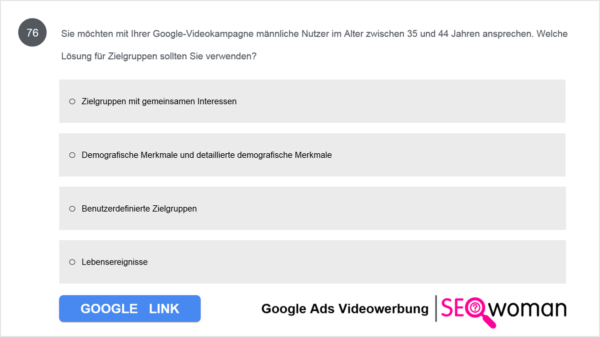 Sie möchten mit Ihrer Google-Videokampagne männliche Nutzer im Alter zwischen 35 und 44 Jahren ansprechen. Welche Lösung für Zielgruppen sollten Sie verwenden? 