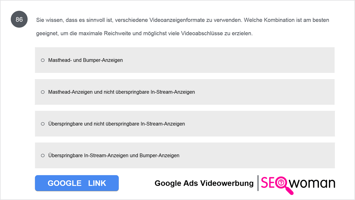 Sie wissen, dass es sinnvoll ist, verschiedene Videoanzeigenformate zu verwenden. Welche Kombination ist am besten geeignet, um die maximale Reichweite und möglichst viele Videoabschlüsse zu erzielen. 